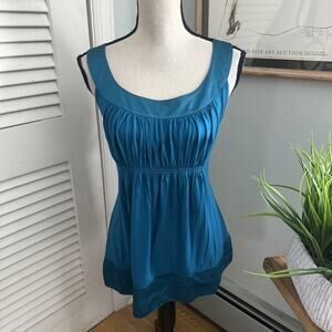 Ann Taylor Loft Top Womens Large Teal Blue Babydoll Retro Y2K Ruched Feminine